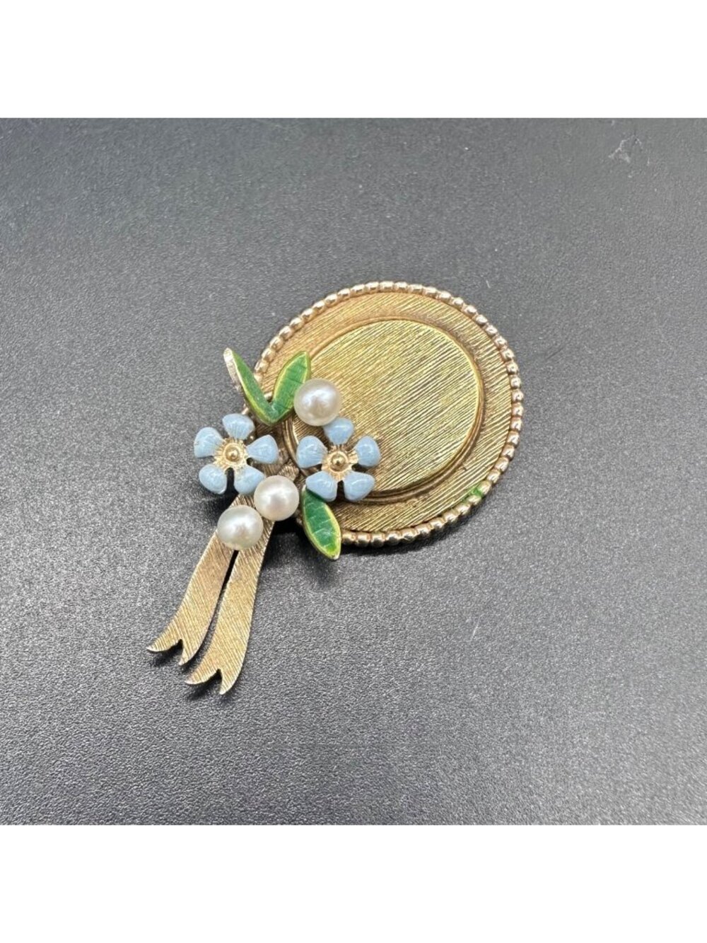 Vintage Brooch Hat Forget Me Not Flowers Faux Pearls Krementz 1967 14K Gold Fill